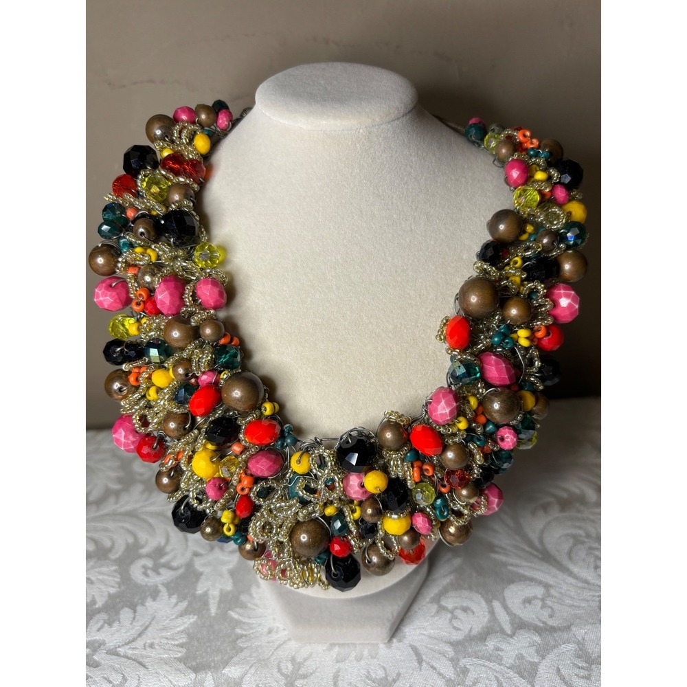 Aldo Multi Color Beaded Statement Bib Necklace Bronze Gold Tone Bold Maximalist - Picture 3 of 7